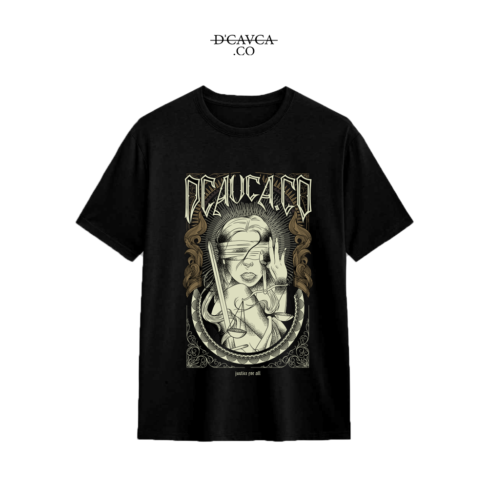 Black t-shirt with graphic design and 'DGAVCA.CO' branding on a white background