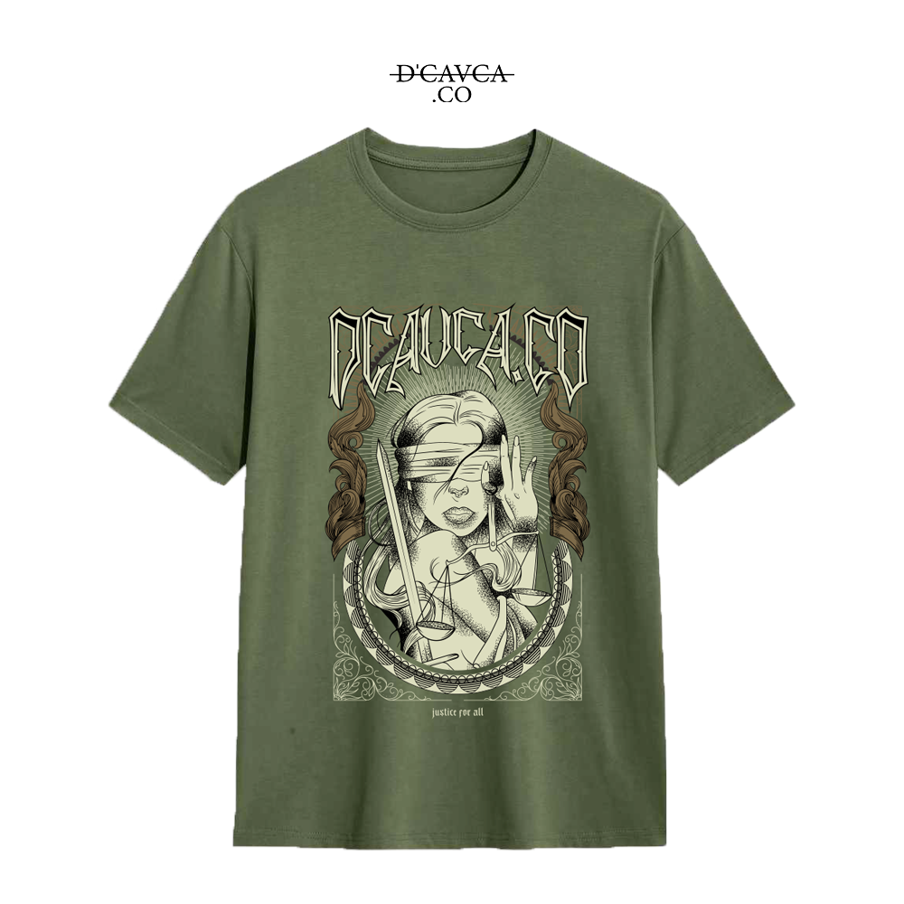 Green t-shirt with graphic design and 'DGAVCA' branding on a white background