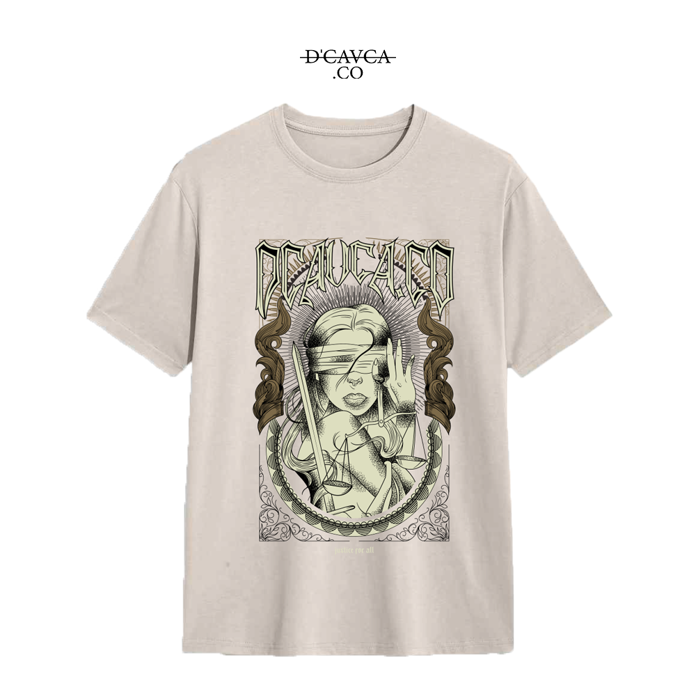 Beige t-shirt with graphic design and 'DGAVCA' branding on a white background