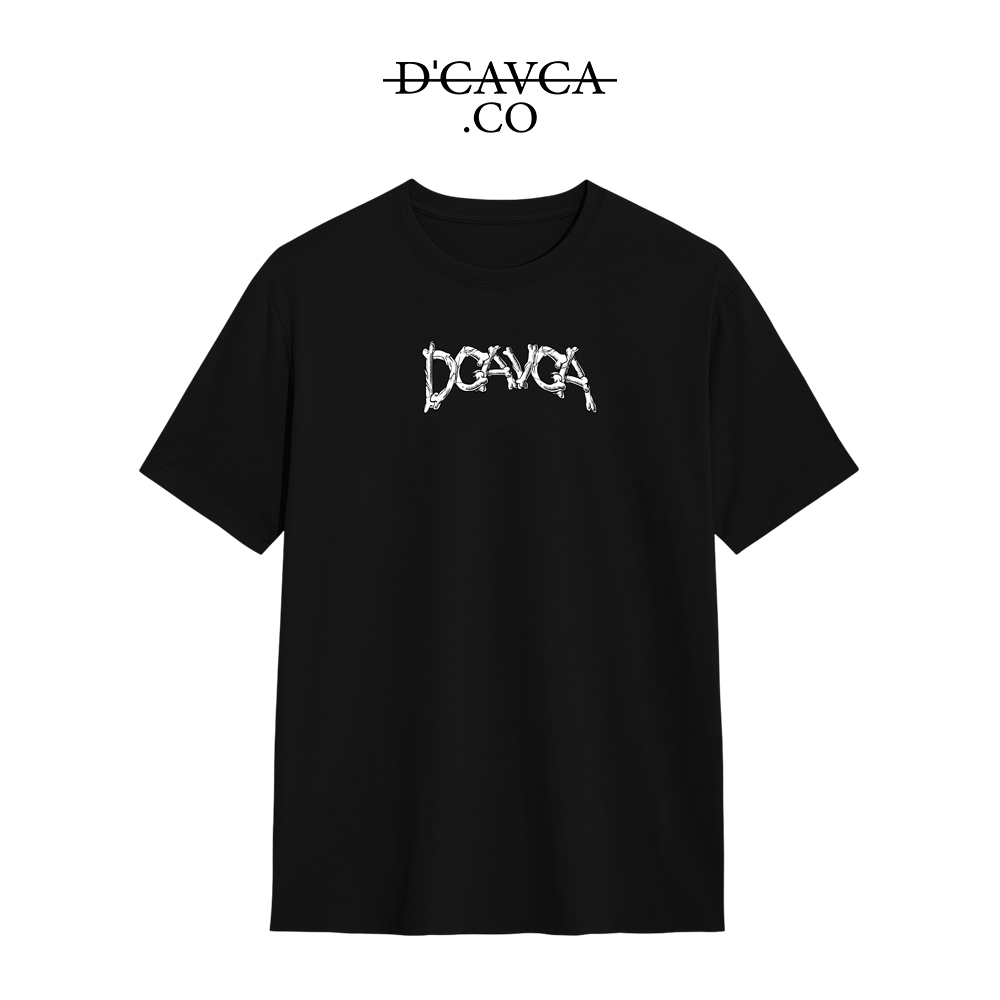 Black t-shirt with white logo on a white background