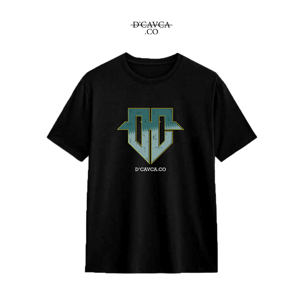 Black t-shirt with a logo and text on a white background