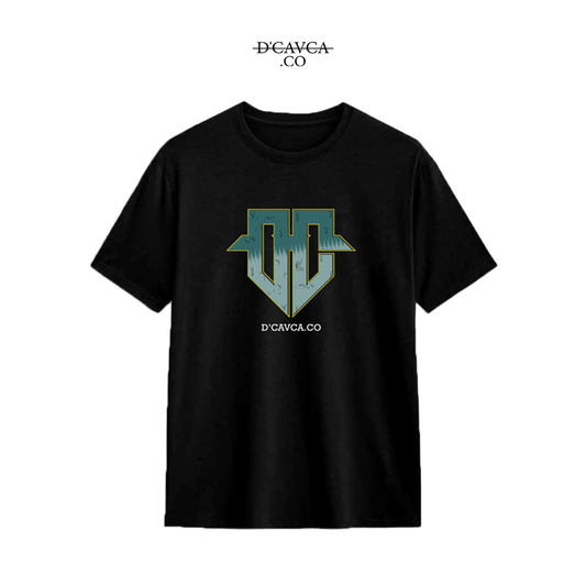 Black t-shirt with a logo and text on a white background