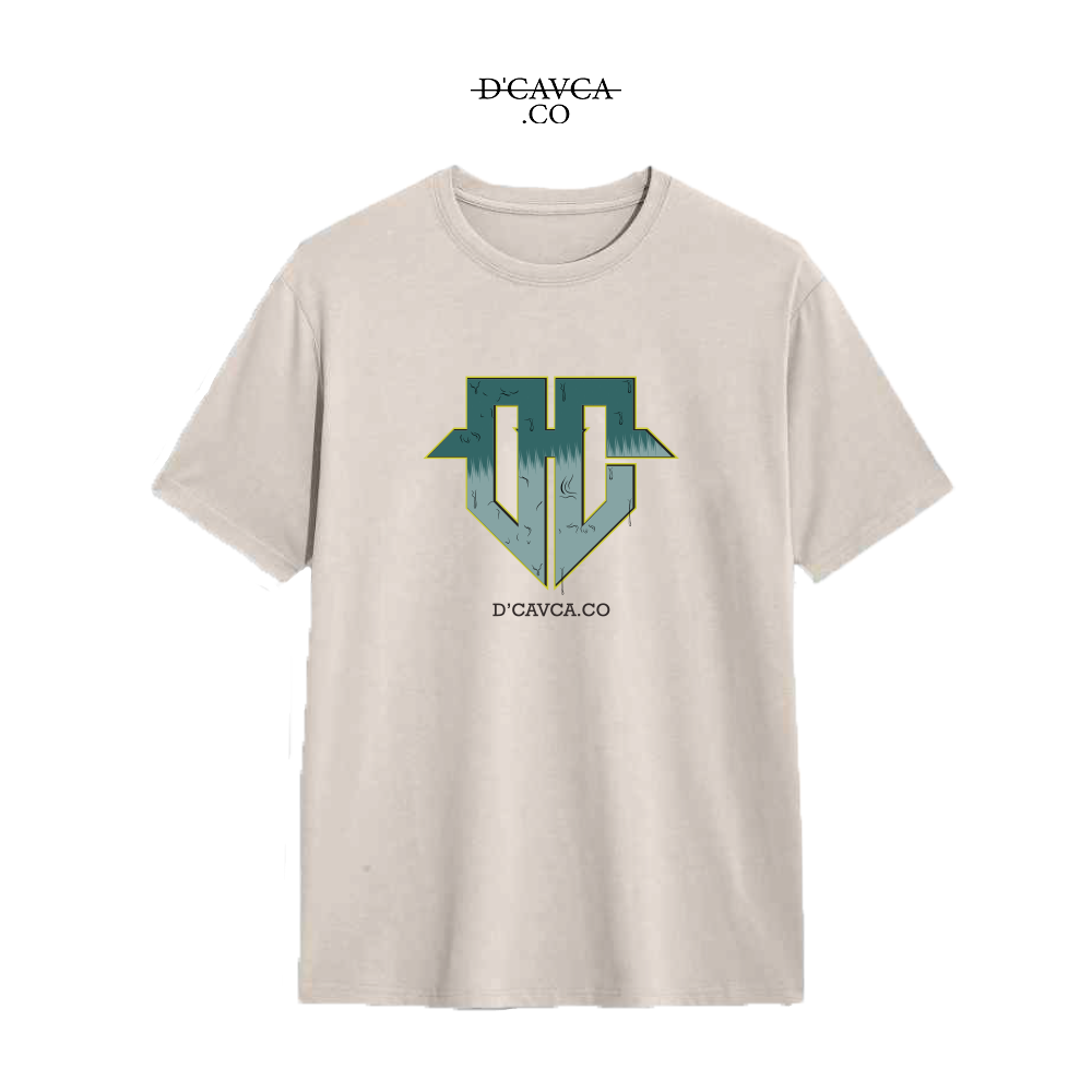 Beige t-shirt with a green and yellow logo on a white background