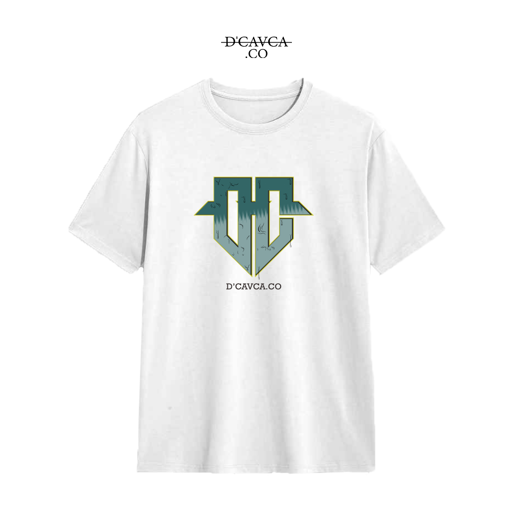 White t-shirt with green logo and 'D'Cavca.co' text on a white background