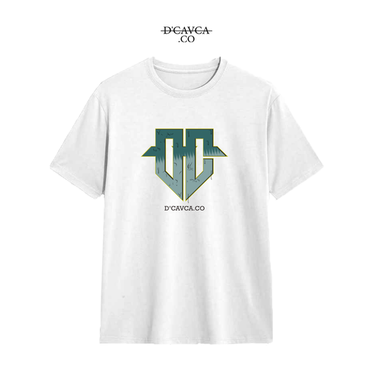White t-shirt with green logo and 'D'Cavca.co' text on a white background