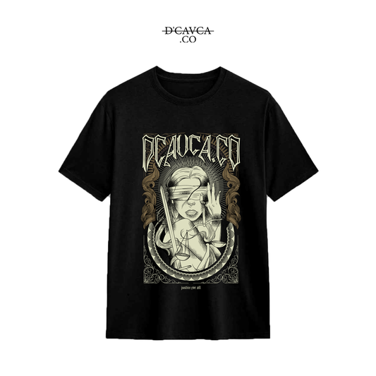 Black t-shirt with graphic design and 'DGAVCA.CO' branding on a white background