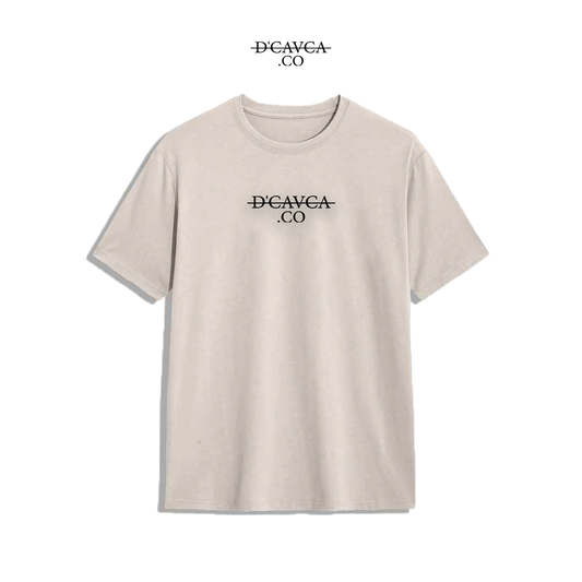 Beige t-shirt with black logo on a white background