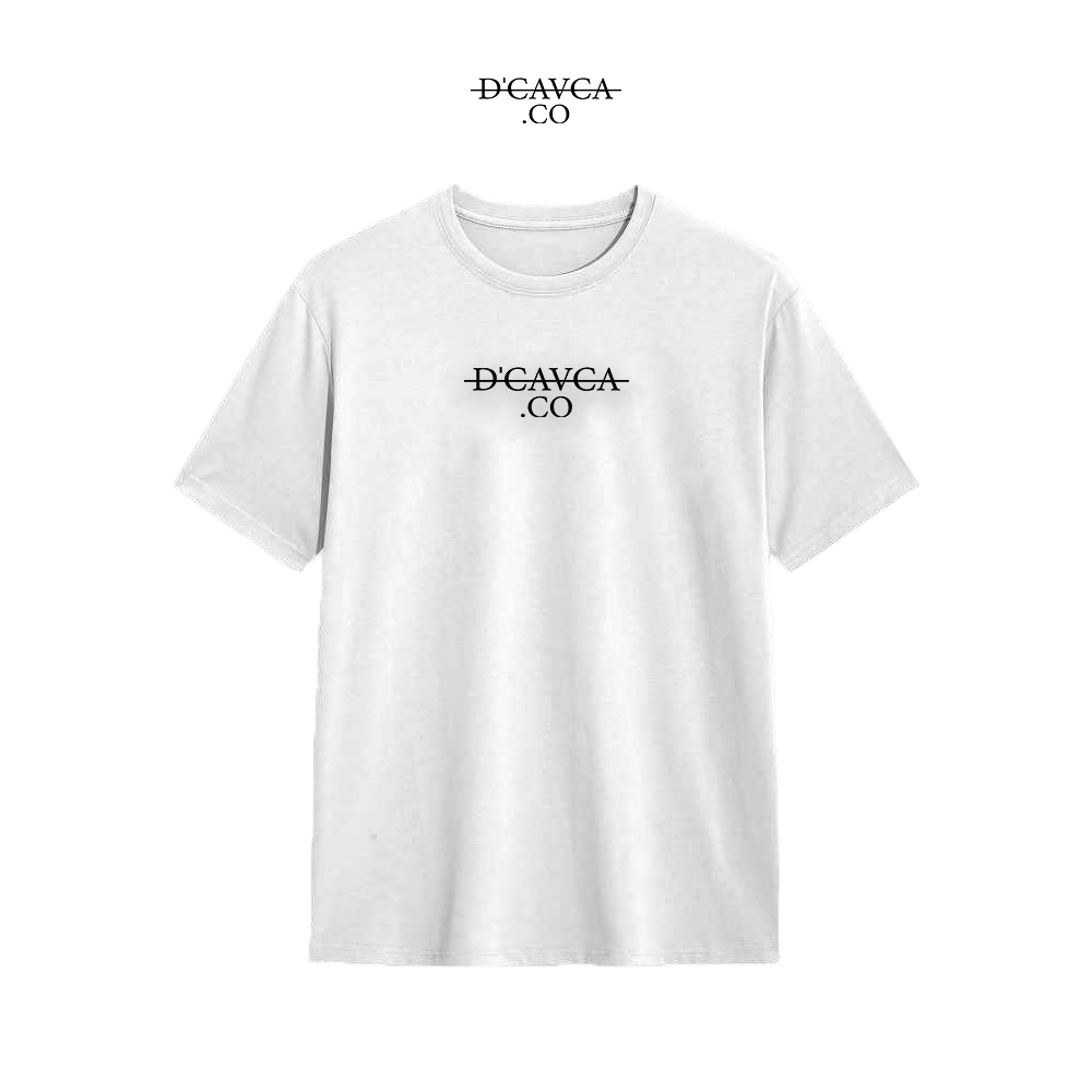 White t-shirt with black text on a white background