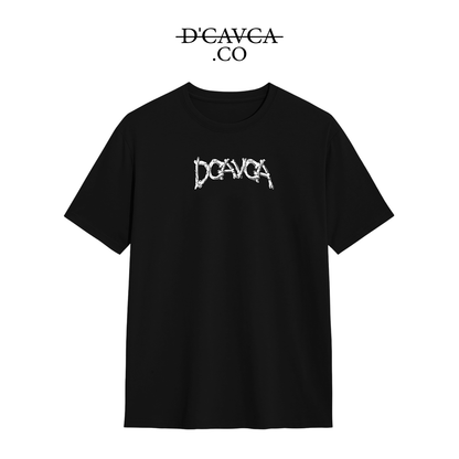Black t-shirt with white logo on a white background