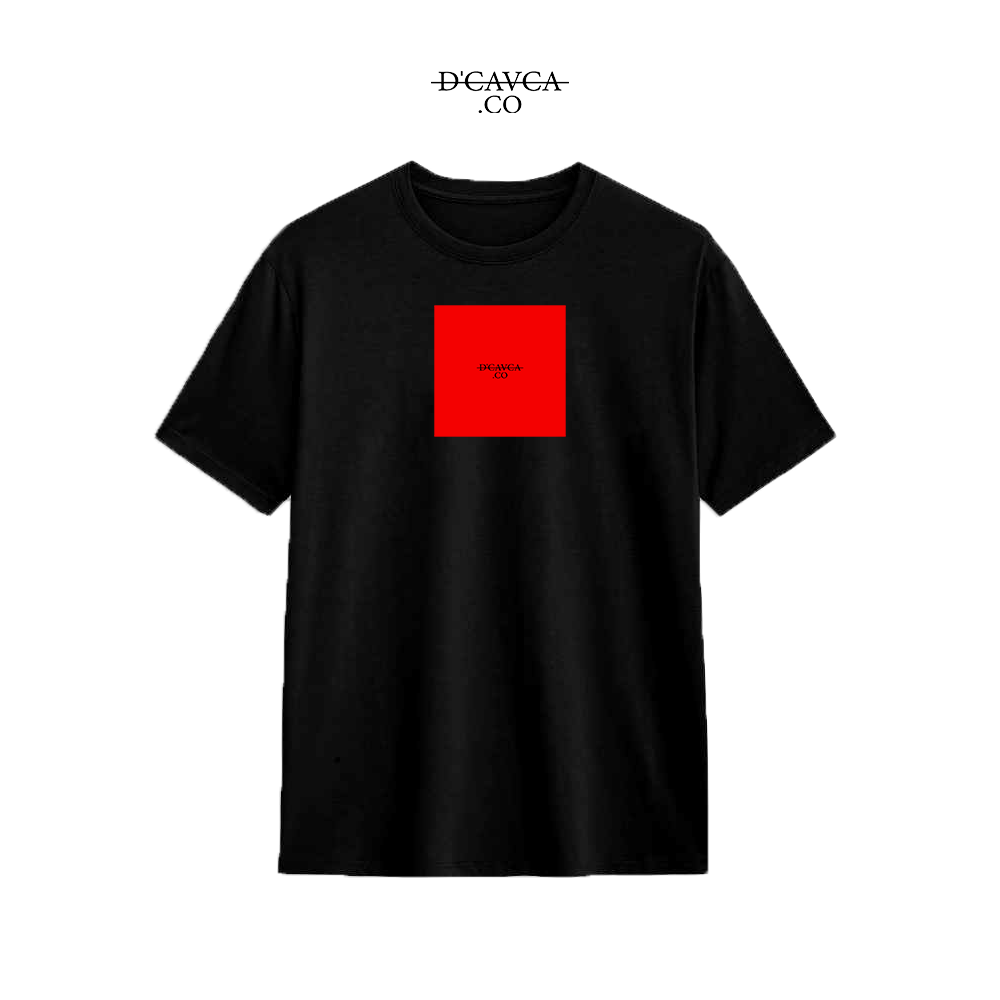 Black t-shirt with a red square logo on a white background