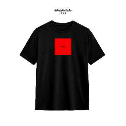 Black t-shirt with a red square logo on a white background