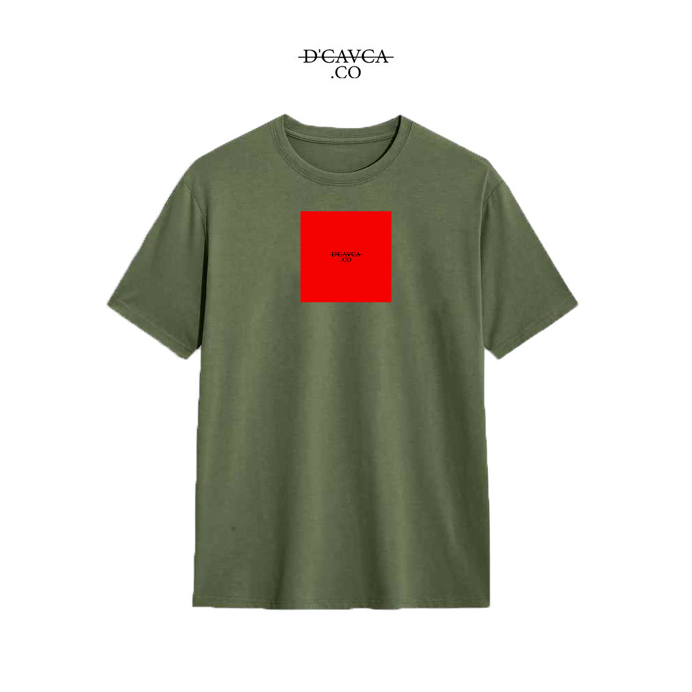 Green t-shirt with a red square logo on a white background