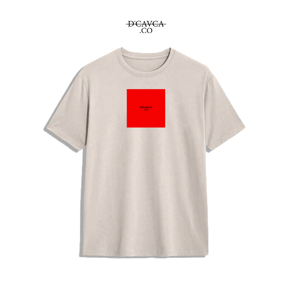 Beige t-shirt with a red square logo on a white background