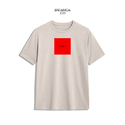 Beige t-shirt with a red square logo on a white background