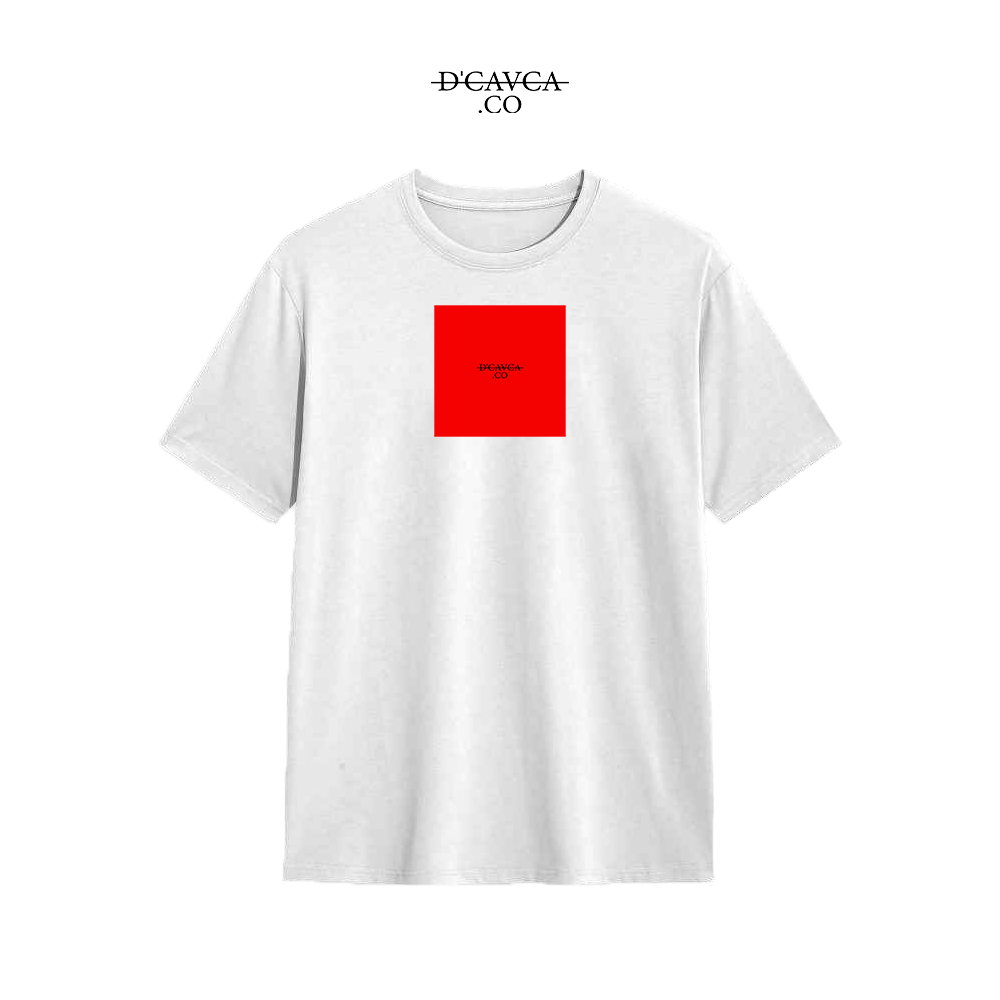 White t-shirt with a red square logo on a white background