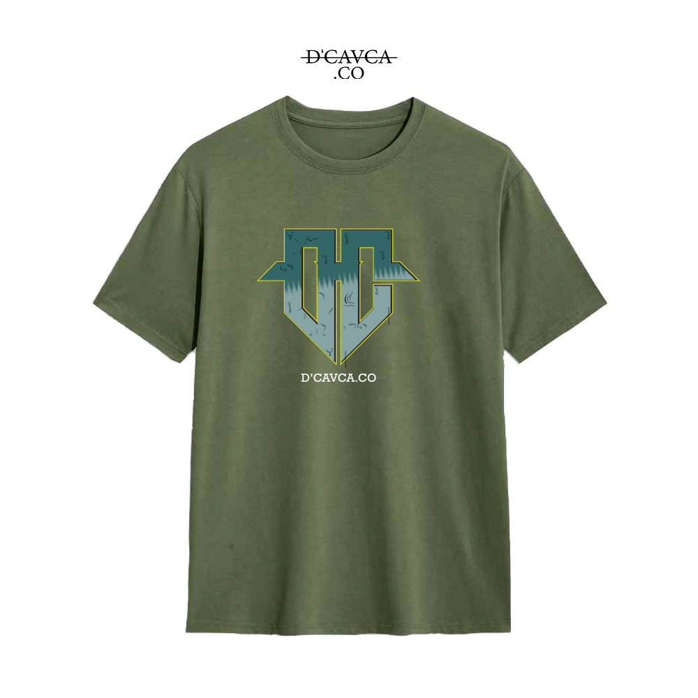 Green t-shirt with a logo and 'D'CAVCA.CO' text on a white background