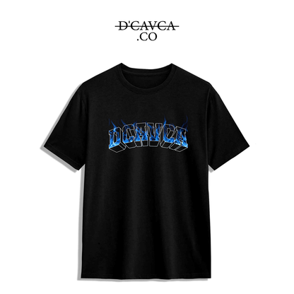 Black t-shirt with font blue fire