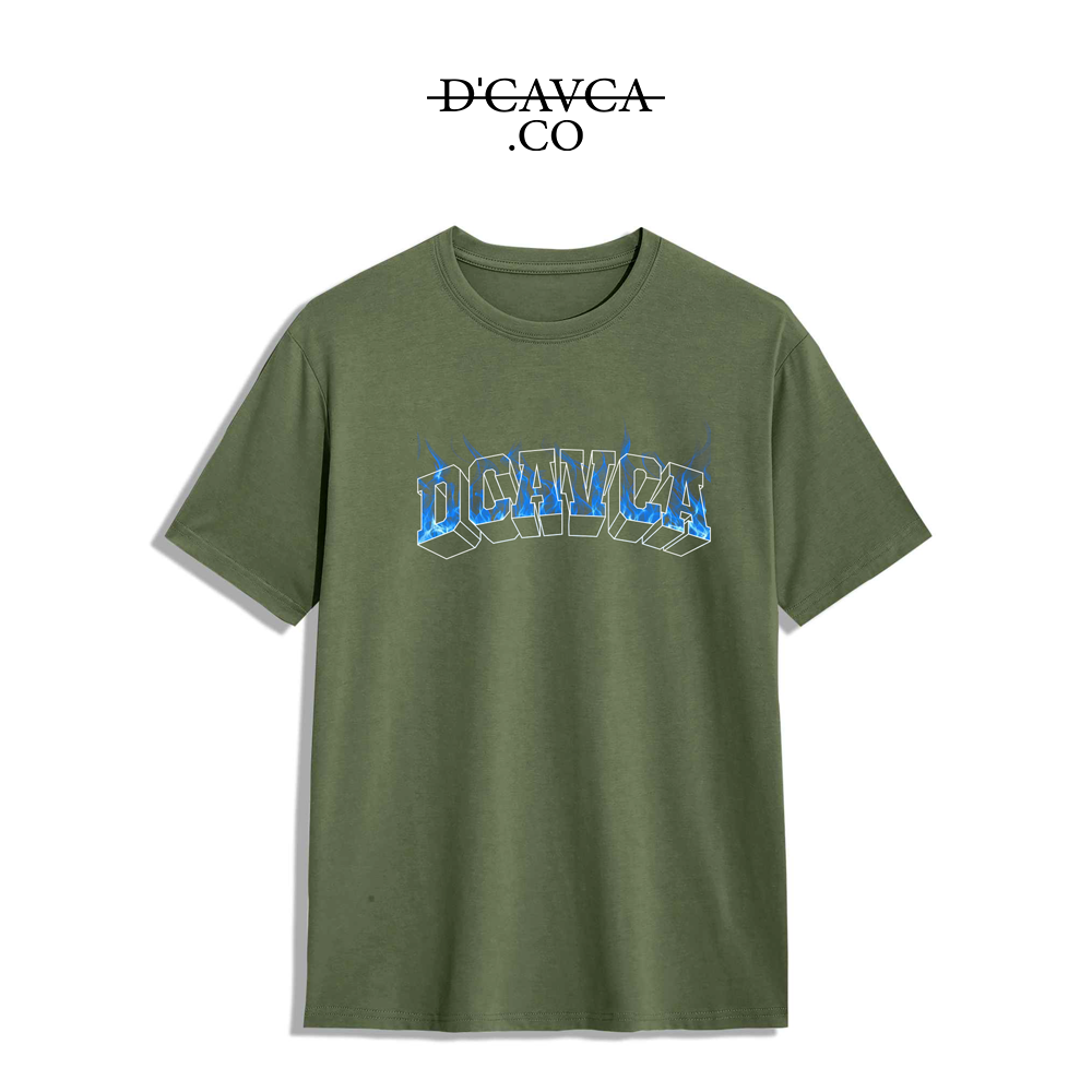 Olive green t-shirt with font blue fire