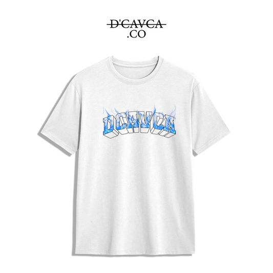 White t-shirt with font blue fire