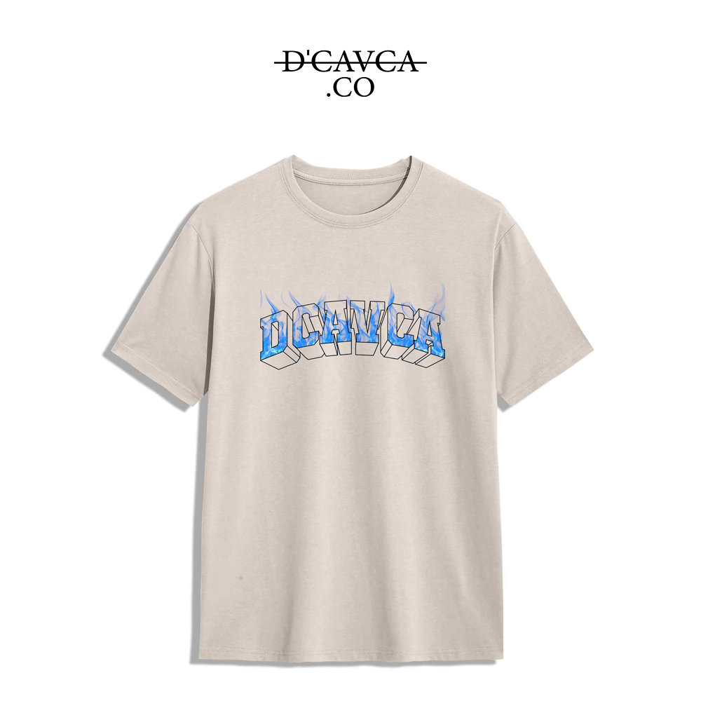 Beige t-shirt with font blue fire