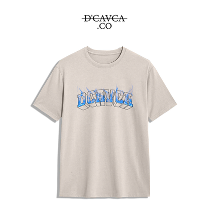Beige t-shirt with font blue fire