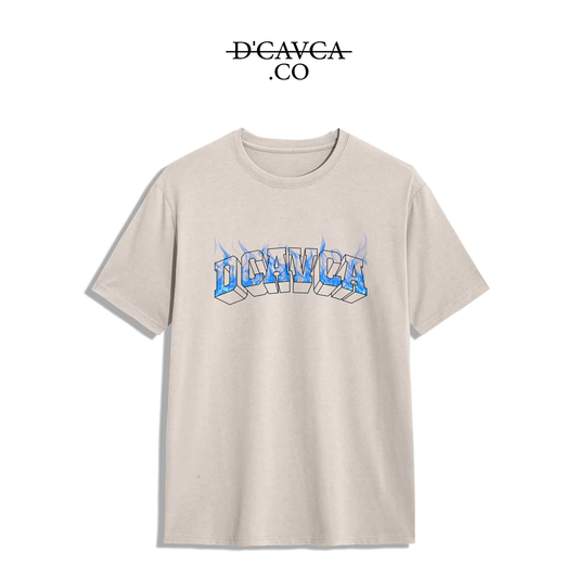 Beige t-shirt with font blue fire