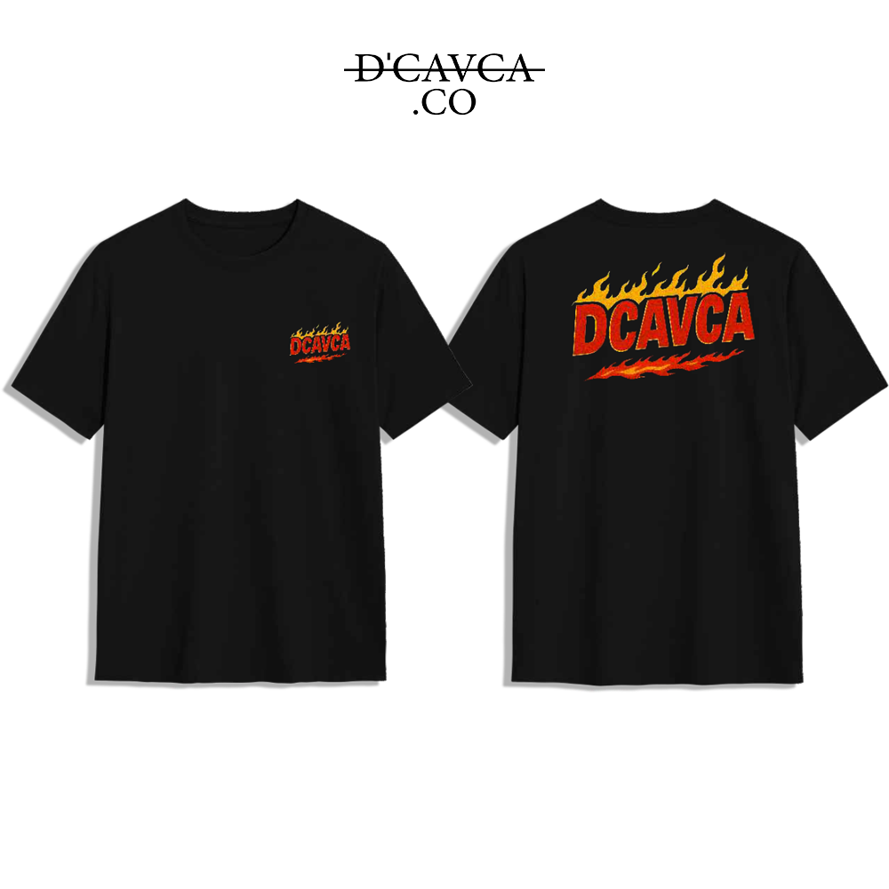 Black t-shirt with 'DCAVCA' logo on front and back, brand 'DCAVCA.CO' at top.