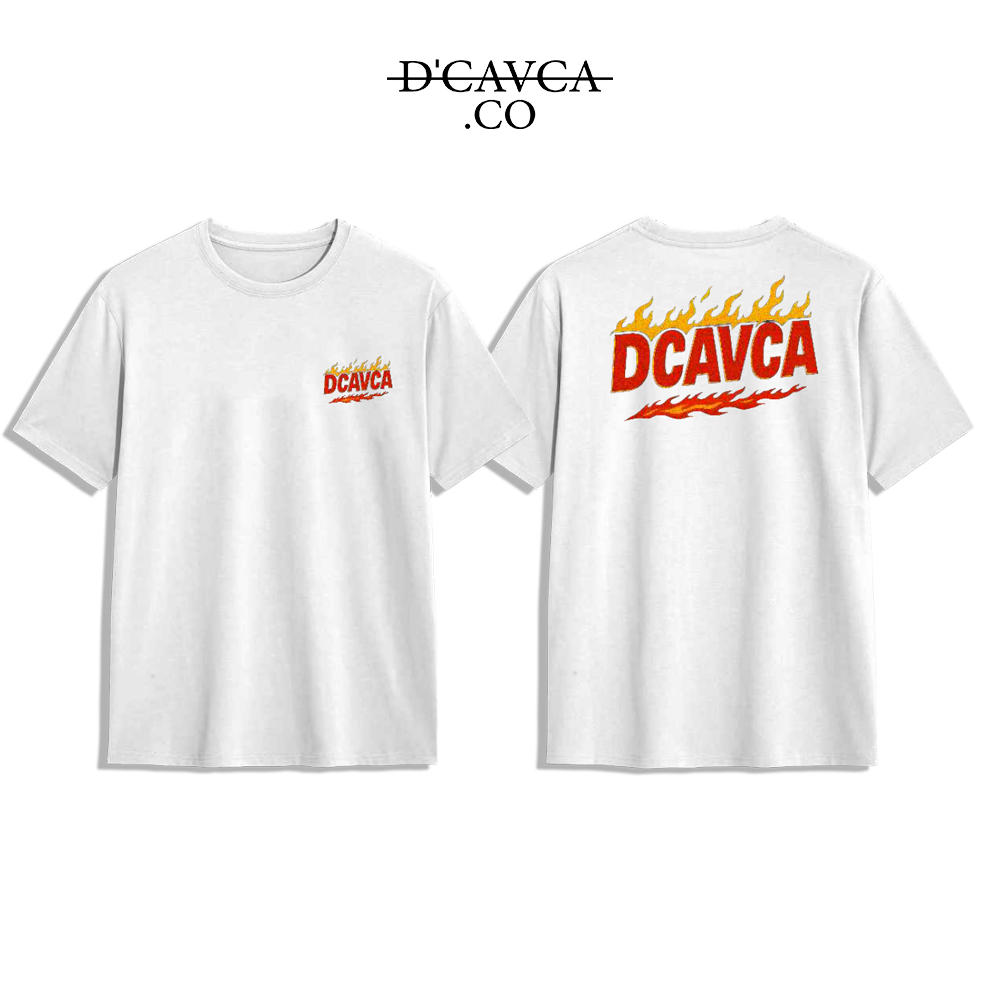 White t-shirt with red and black 'DCAVCA' logo on a white background
