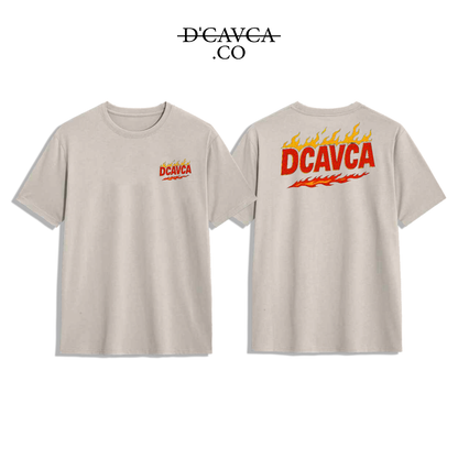 Beige t-shirt with 'DCAVCA' branding on a white background